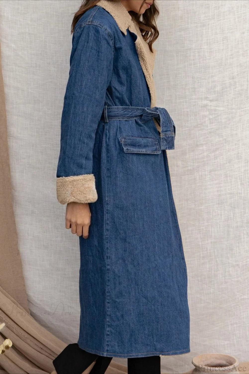 Sherpa Tie Waist Dual Pockets Denim Overcoat