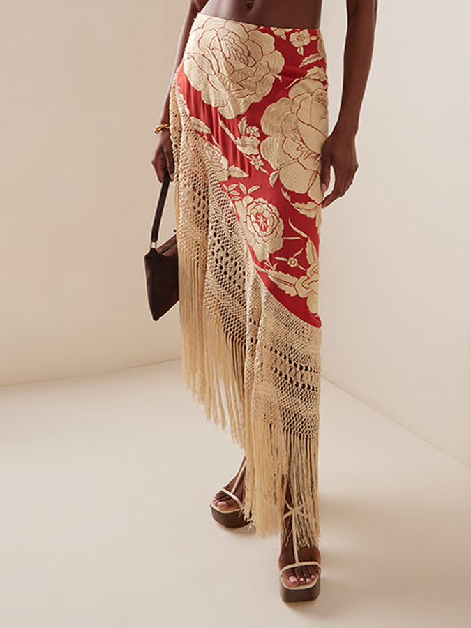 Print Bikini and Fringed Skirt