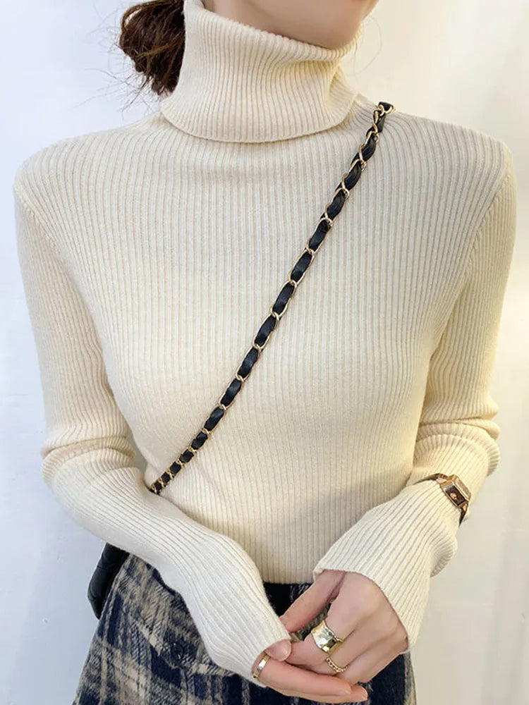 New Pullover Turtleneck Sweater Autumn Long Sleeve Slim Elastic Korean Simple Basic Jumper Color Top