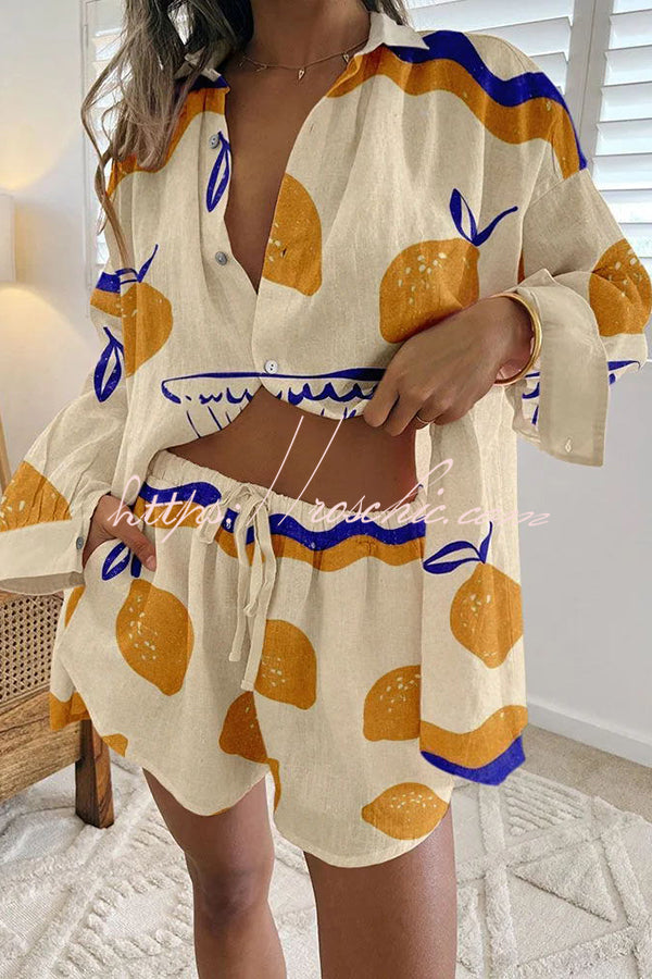 Lemon Print Button Up Lace Up Pocket Shorts Set