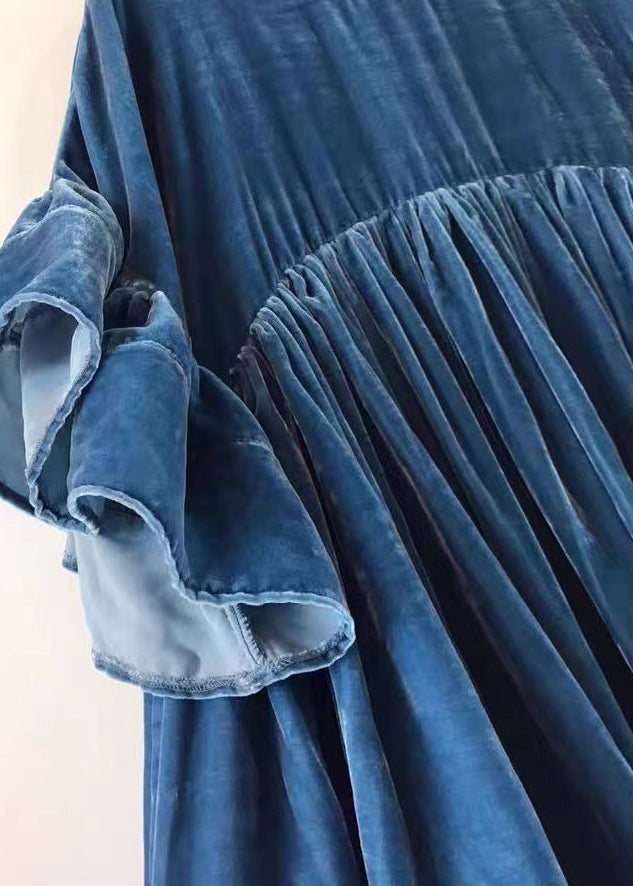 Blue Wrinkled Patchwork Velour Butterfly Sleeve Blouse
