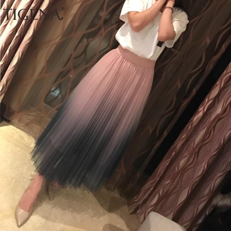 Contrast Color Gradient Long Tulle Skirt