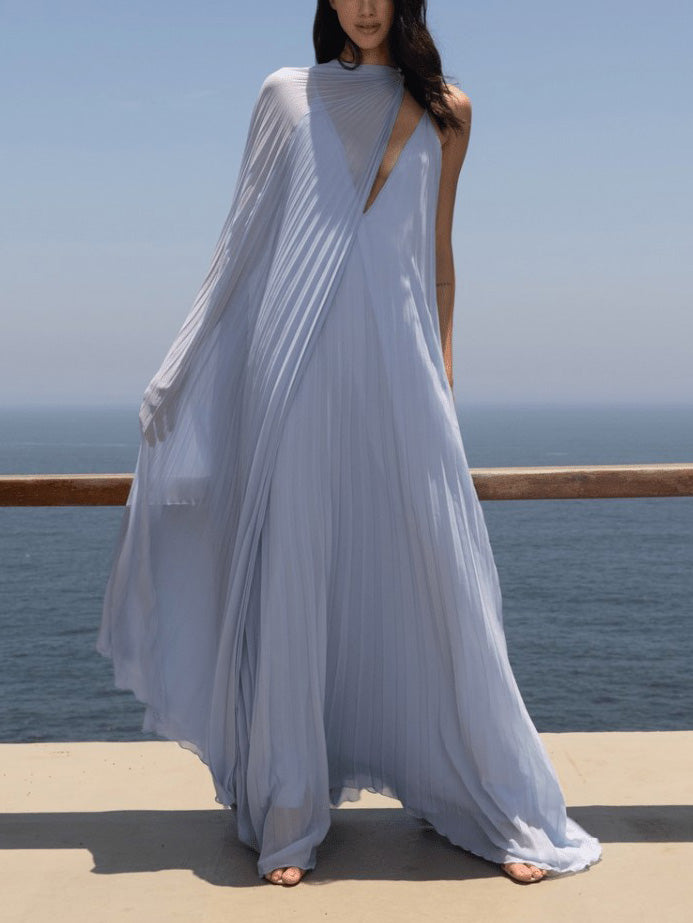 V-neck Pleated Flowy Maxi Dress