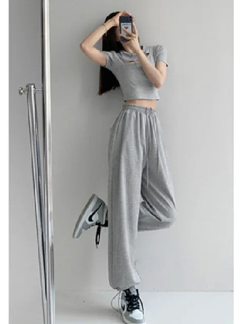 Korean White Blue Pants High Waist Loose Drawstring Harem Pants Comfortable Female Sports Street Pants S-xl