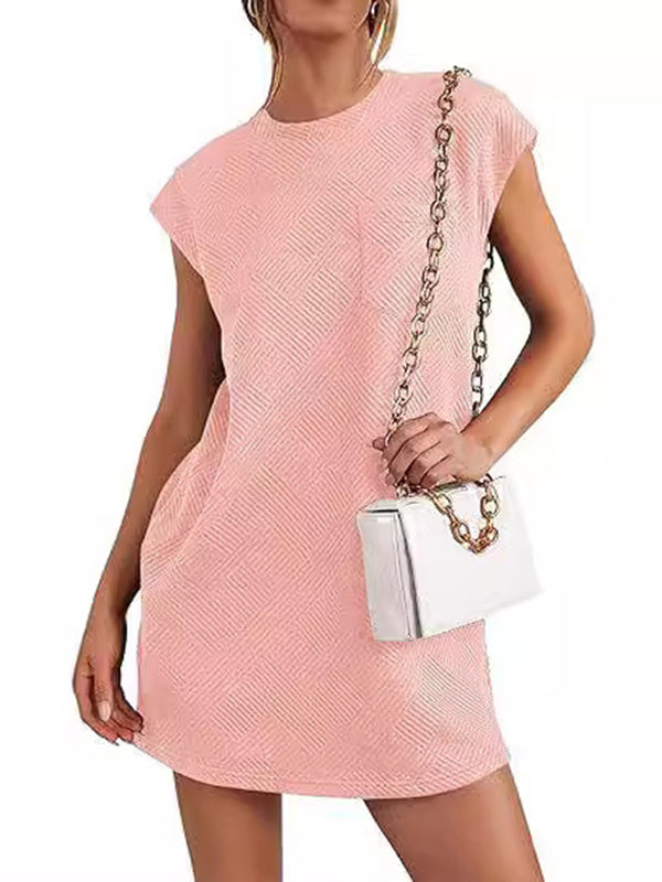 A-line Loose Jacquard Pockets Color Round-neck Mini Dresses