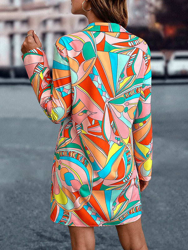 A-line Long Sleeves Buttoned Printed Lapel Mini Dresses Shirt Dress