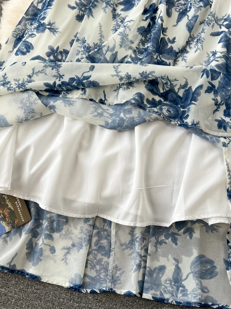 French Blue Printing Beach Long Dress Retro Party Dresses Slim A-line Sleeveless Chiffon Long Robe