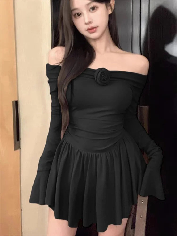 Black Ruffled Mini Dress Off-shoulder Long Sleeve Slim Backless Patchwork Dress Dress