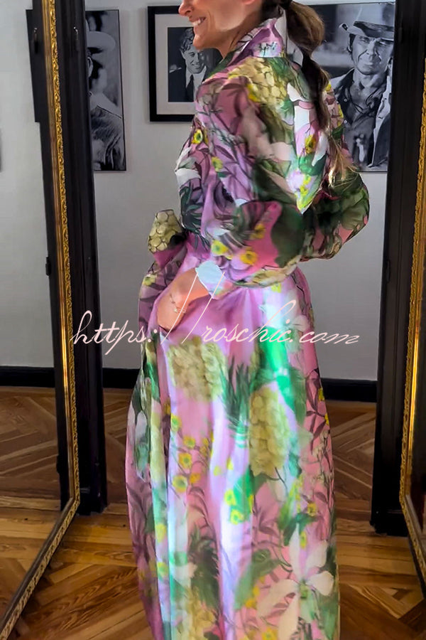Seeds of Happiness Tulle Print Balloon Sleeve Belt Blouse