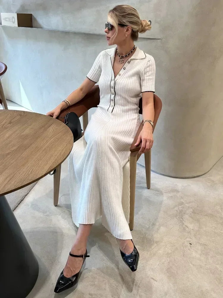 White Knit Maxi Dress for Short Sleeve Patchwork Party Dress Lapel High Waist Knitwear ’s Dress