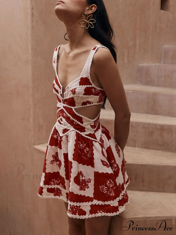Decorative Unique Print Graceful V-neck Hollow A-line Mini Dress