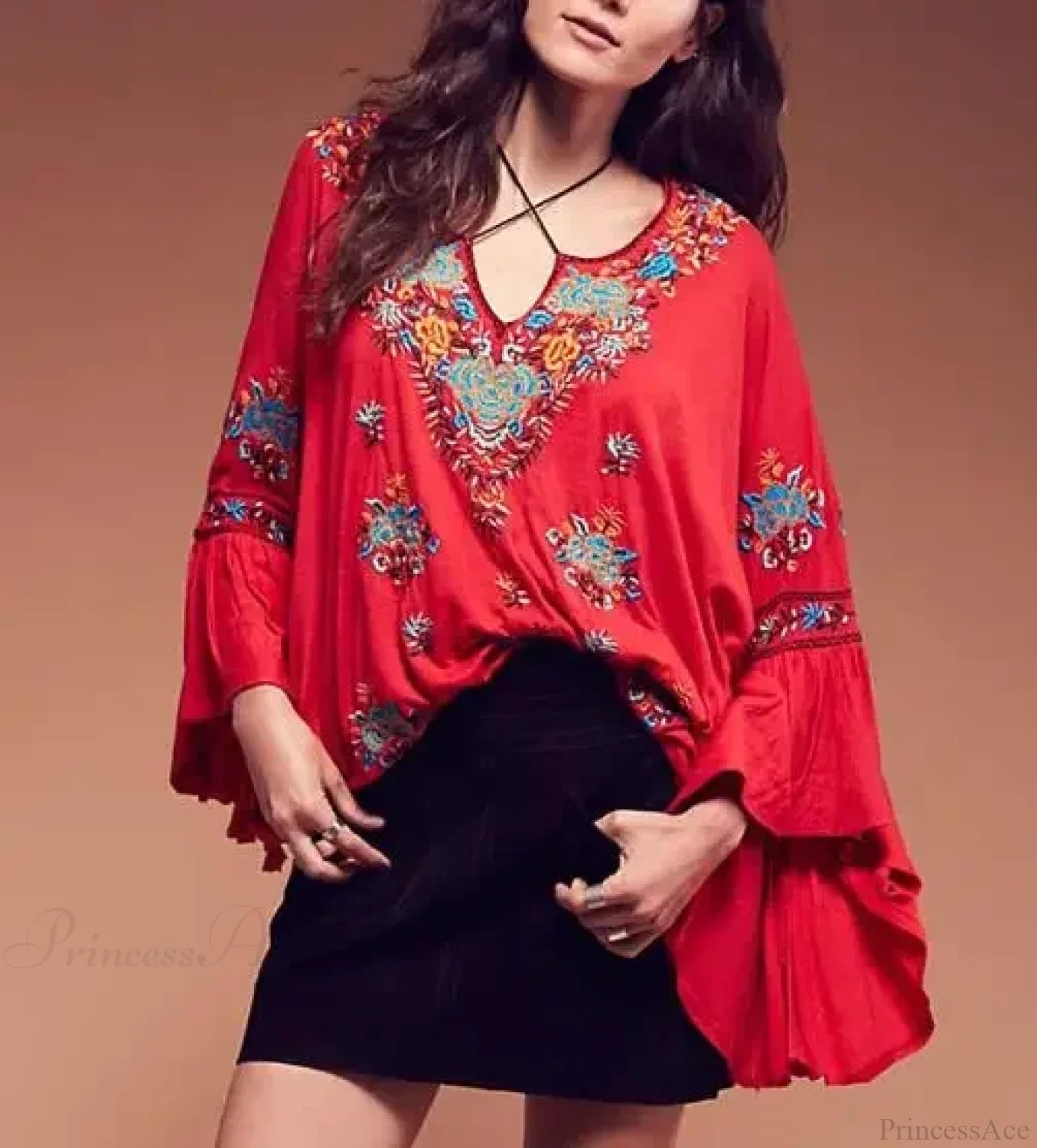 Embroidered Flare Sleeve V-neck Blouse