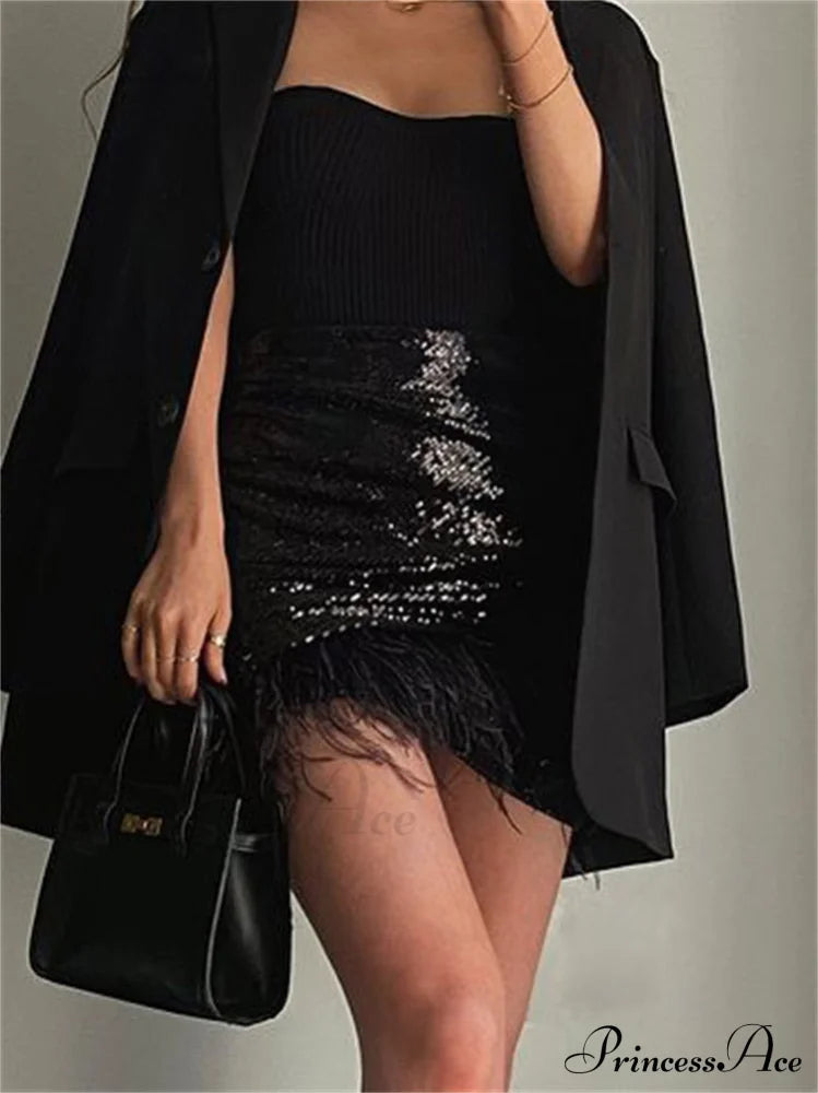 Glitter Sequin Feather Tassel Mini Skirt