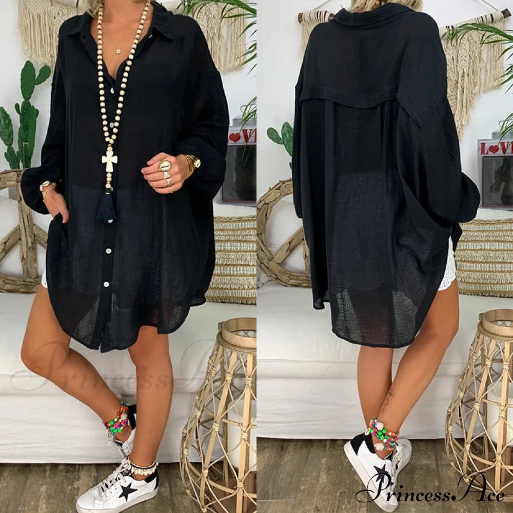 Gown Office Robe Linen Lapel Lady Long Vestidos Blouse Cotton Tunic Work Blouses Shirts Femme