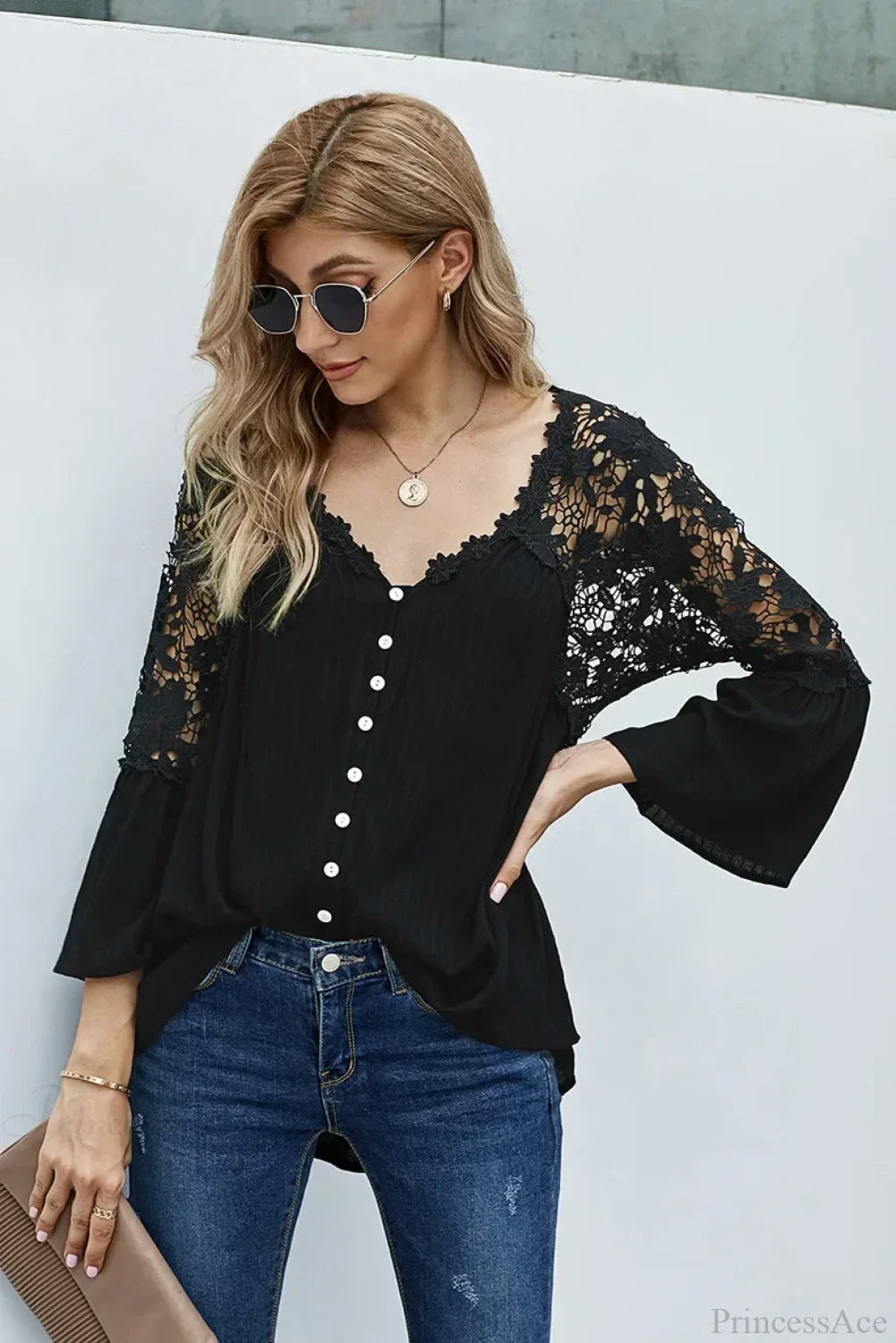 Hollow Out Deep V-neck Flare Sleeve Blouse