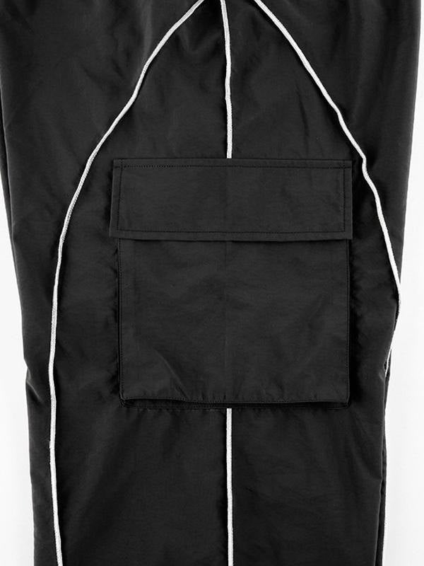 Black Parachute Pants With Cargo Pockets and Piping Detail