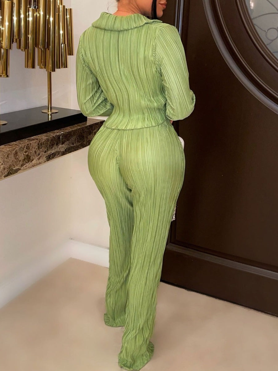 Basics Crop Top Lettuce Trim High Waist Pants Set Bo3027