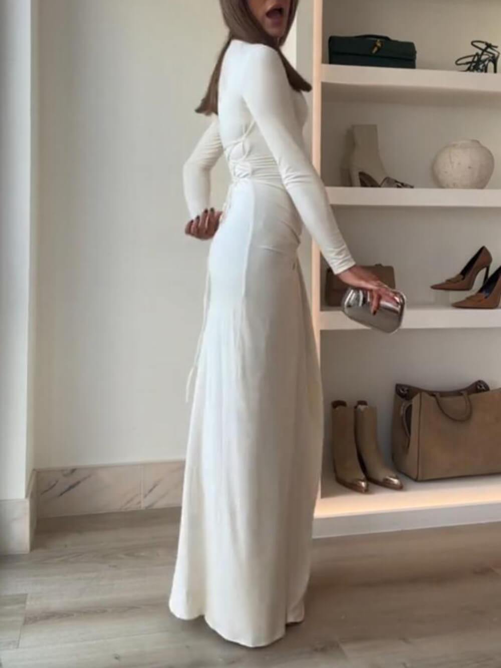 Ruched Side Slit Drape Ruffles Back Lace-up Stretch Maxi Dress