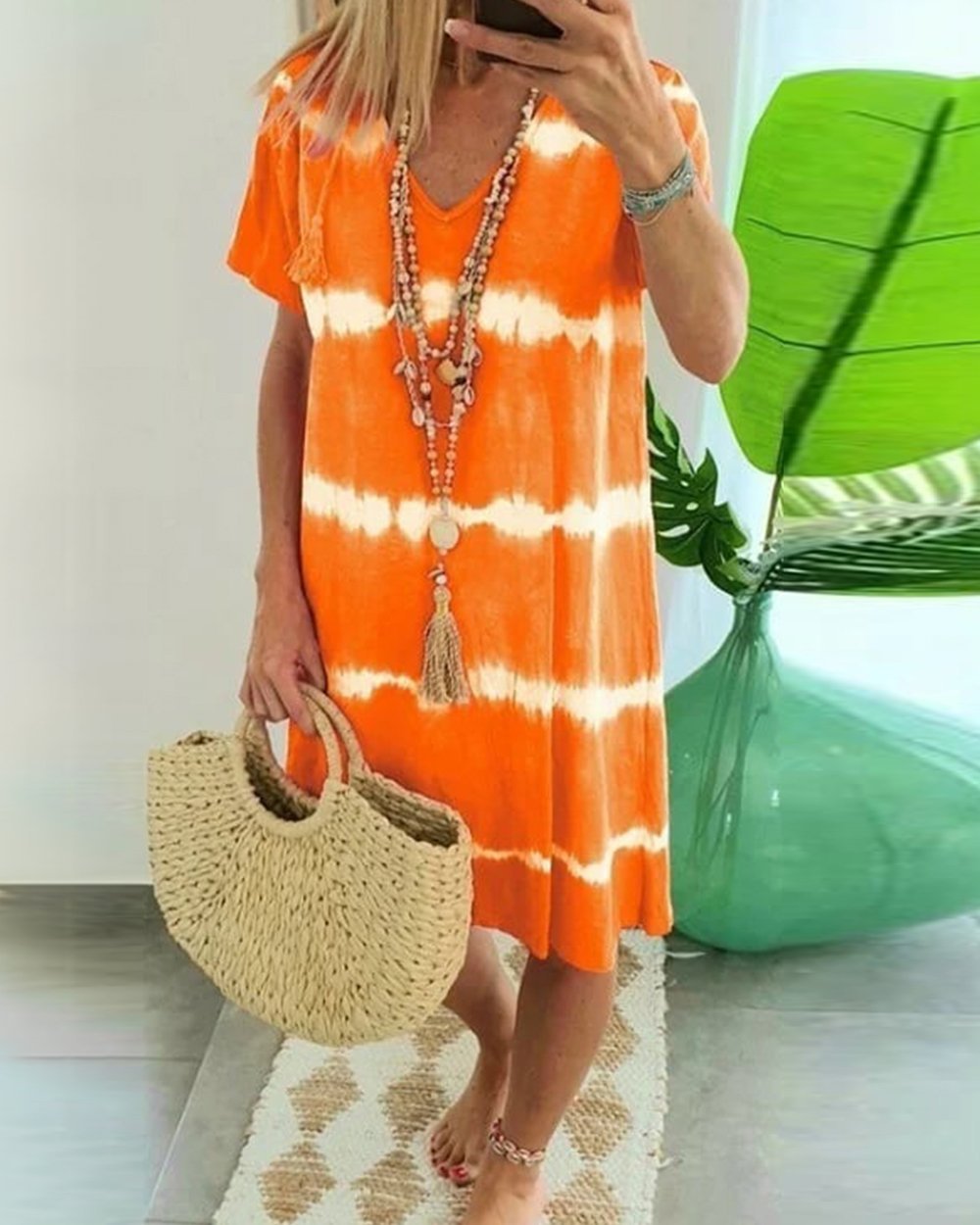 ?tie-dye Striped Short-sleeved Loose T-shirt Dress