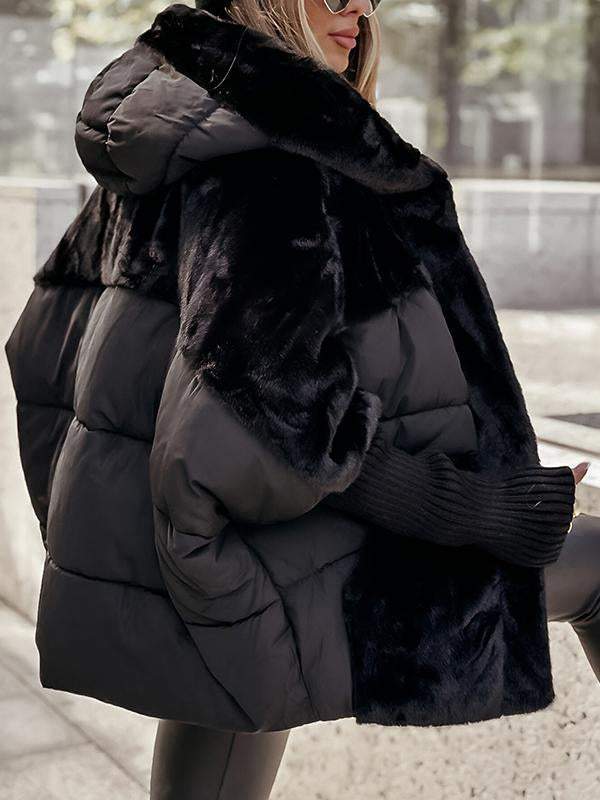 Hooded Long-sleeved Fur Patchwork Winter Coat