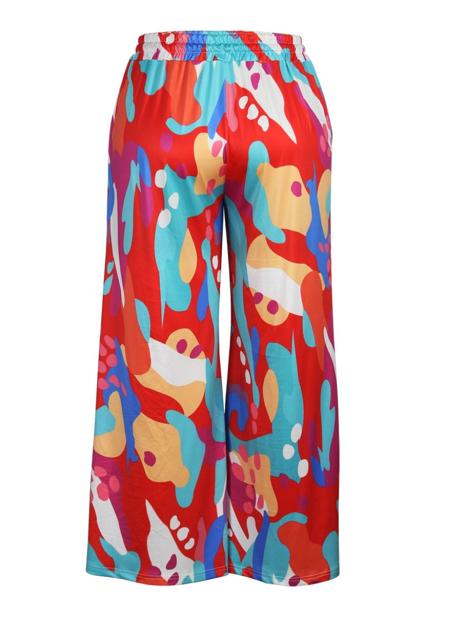 Mixed Print Drawstring Wide Leg Pants At8057