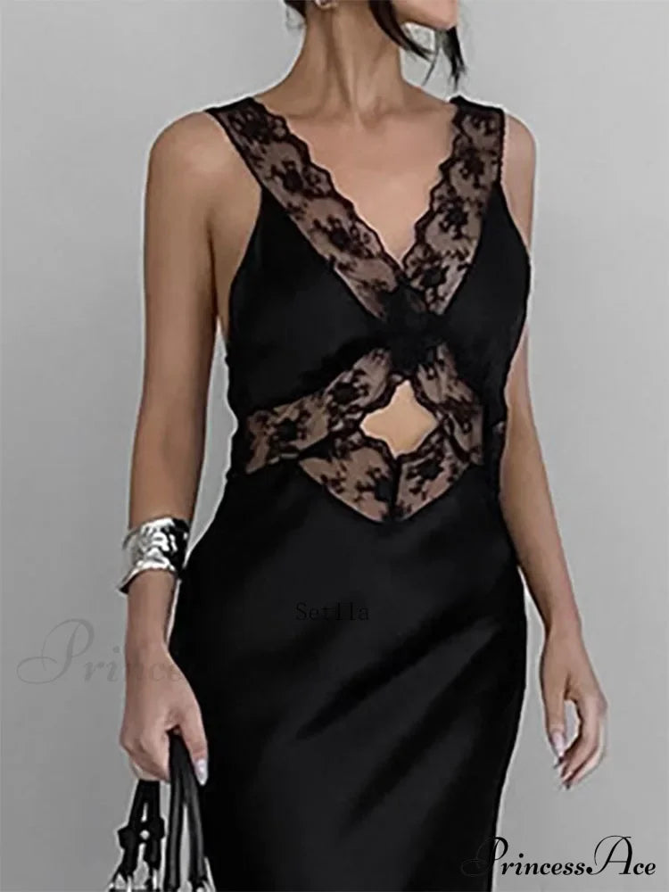 Lace V Neck Evening Maxi Dress