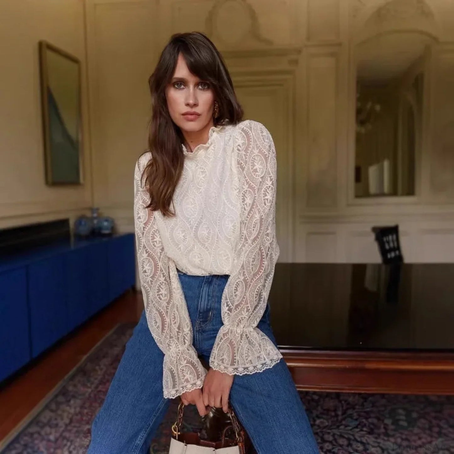 Lantern Sleeve Stand Neck Blouse