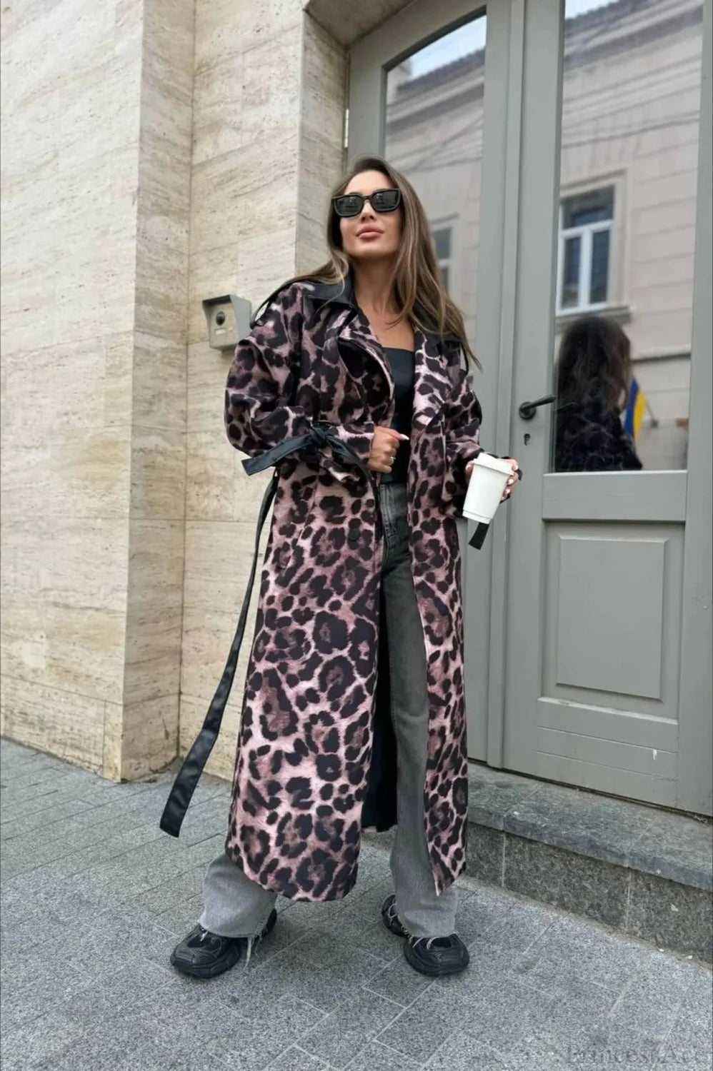 Leopard Print Faux Leather Oversized Longline Overcoat