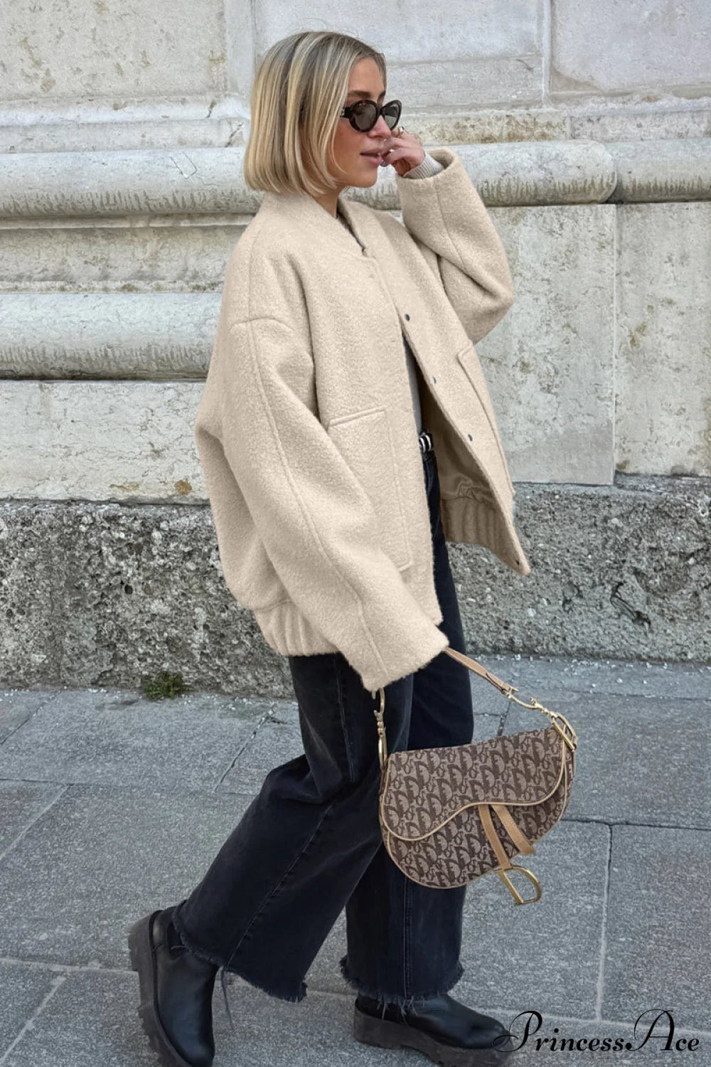 Loose Stand Collar Textured Wool Coat