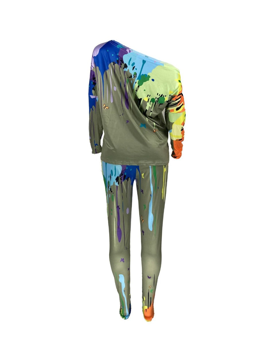 Inclined Neck Splash Ink Pants Set At908