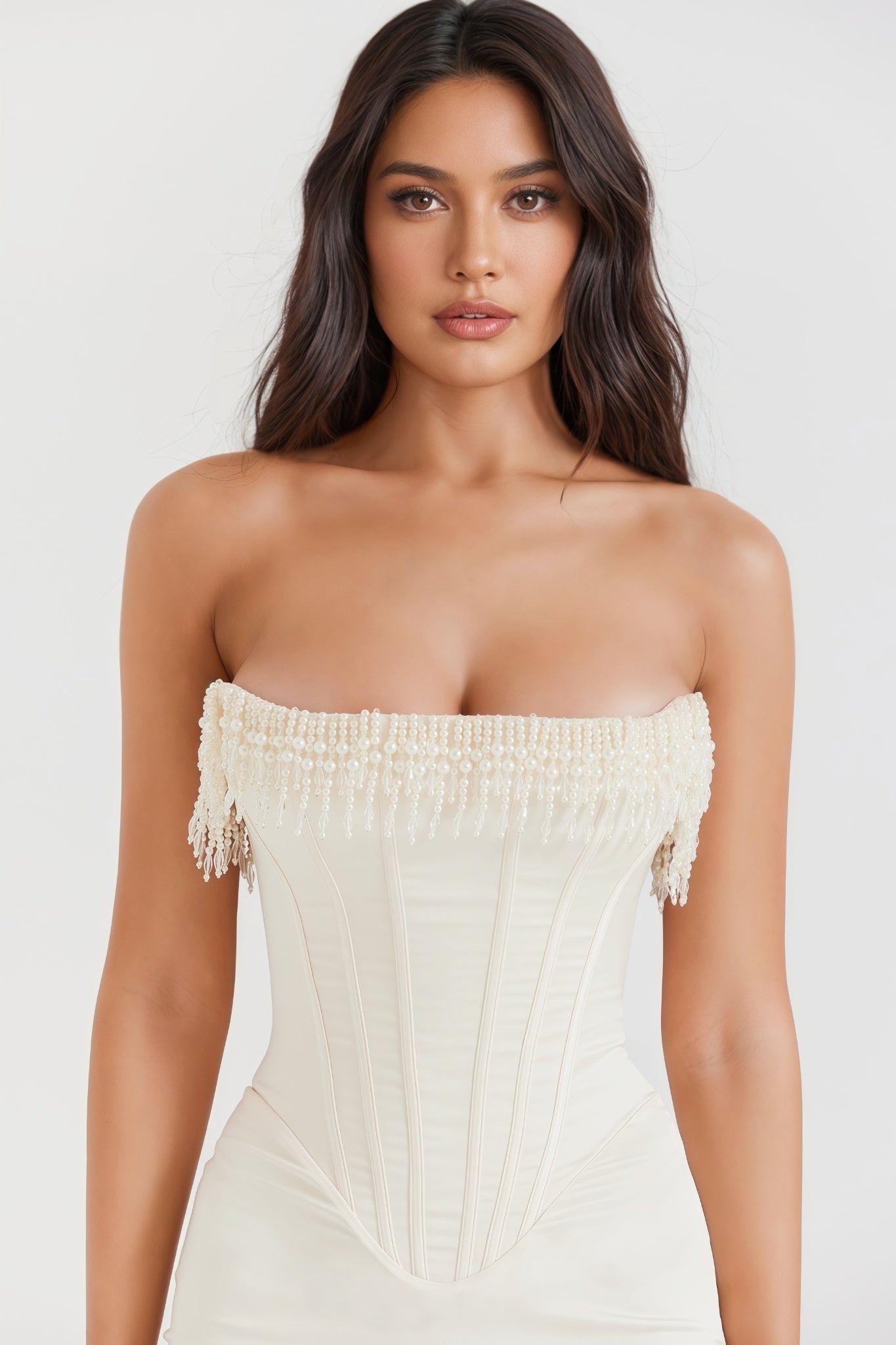 Nikki Cream Embellished Strapless Midi Dress