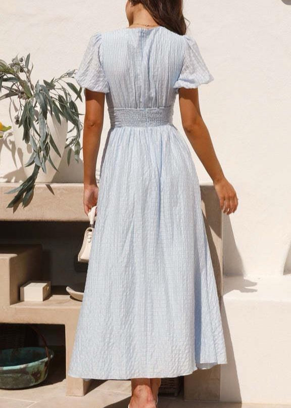 Azure Bloom – Buttoned V-neck Midi Dress With Flutter Sleeves