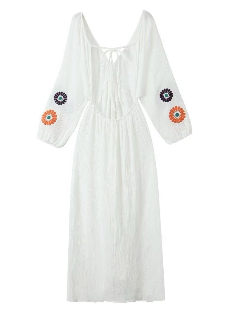 Solana Embroidered Maxi Dress – Open-back With Balloon Sleeves