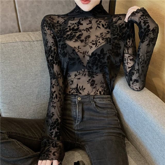 Transparent Flocking Mesh Blouses Shirts Tees Female Turtleneck Full Sleeve Blouses Tops for