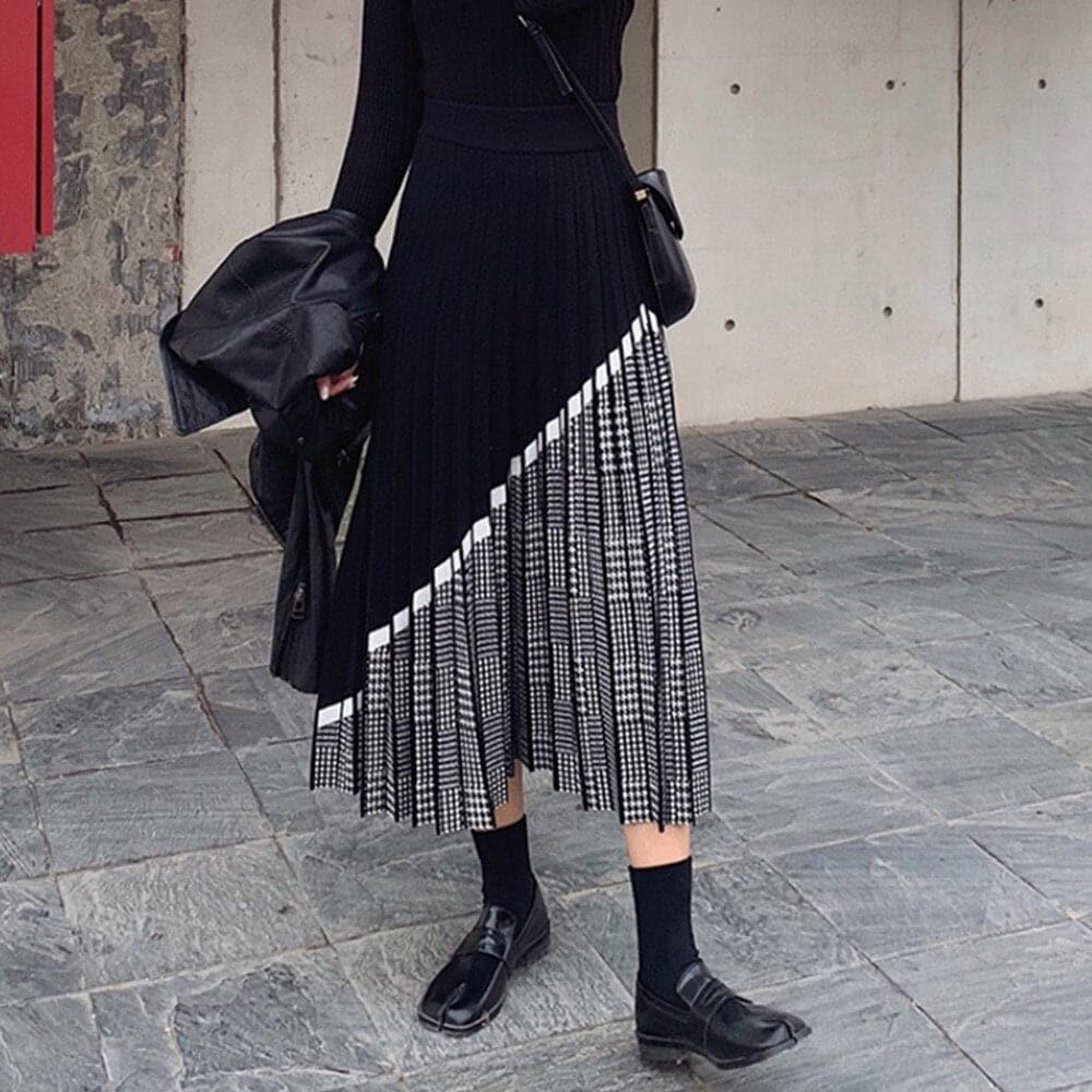 High Waist Pleated Knitted Midi Skirt