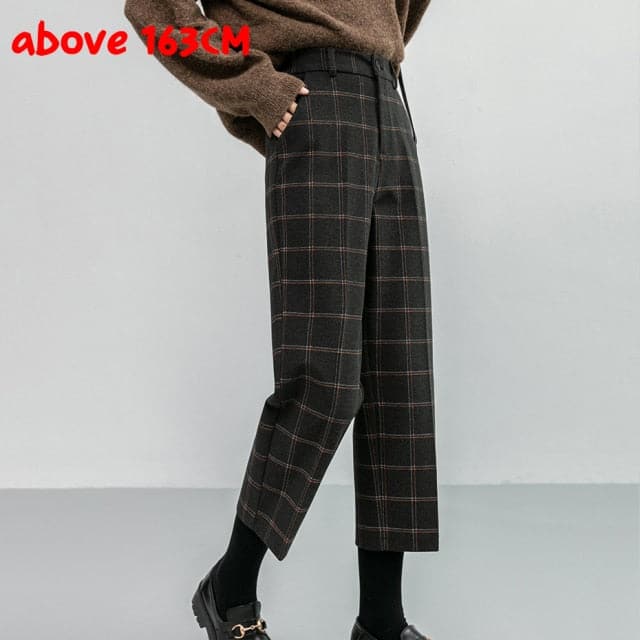 Woolen Plaid Autumn Winter High Waist Formal Straight Pants Loose Ankle-length Pants Female Boots Pants