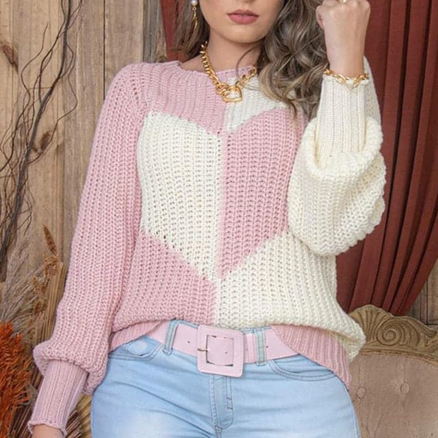 Dressbetty - O Neck Love Print Patchwork Knitted Sweater