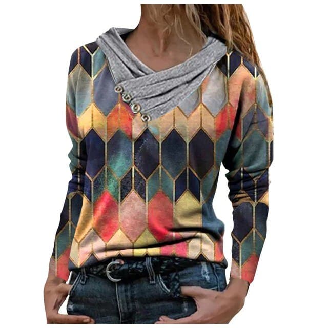 Geometric Hooded Blouse Spring Autumn Long Sleeve Tops Pullover Loose Shirts