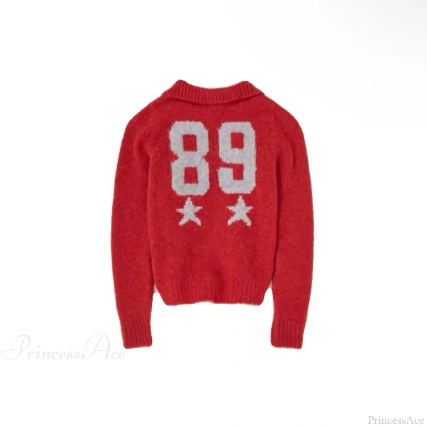 Red Wool Blend Knitted Crochet Letter Lapel Christmas Sweater