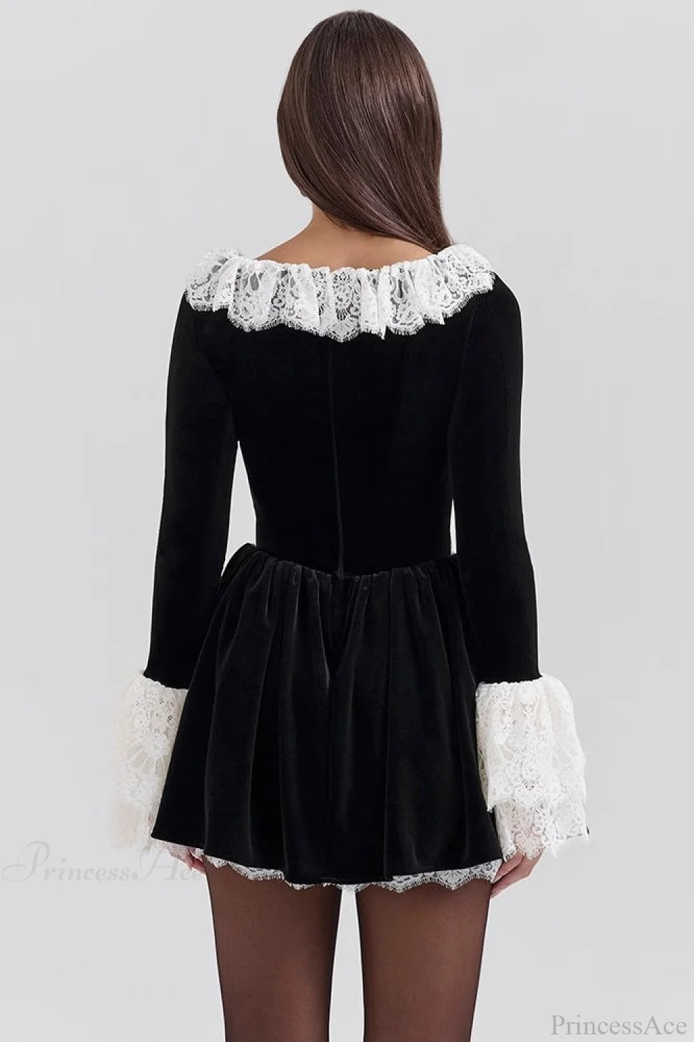 Square Neck Lace Trim Flared Sleeve Mini Dress