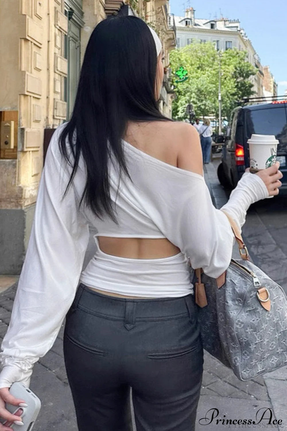 Color Asymmetric Shoulder Cutout Long Sleeve Blouse
