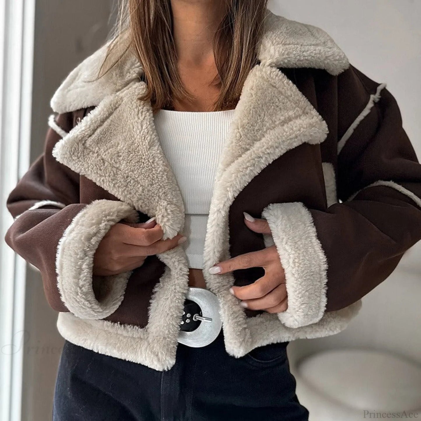 Suede Wide Lapel Cropped Fleece-lined Long Sleeve Coat