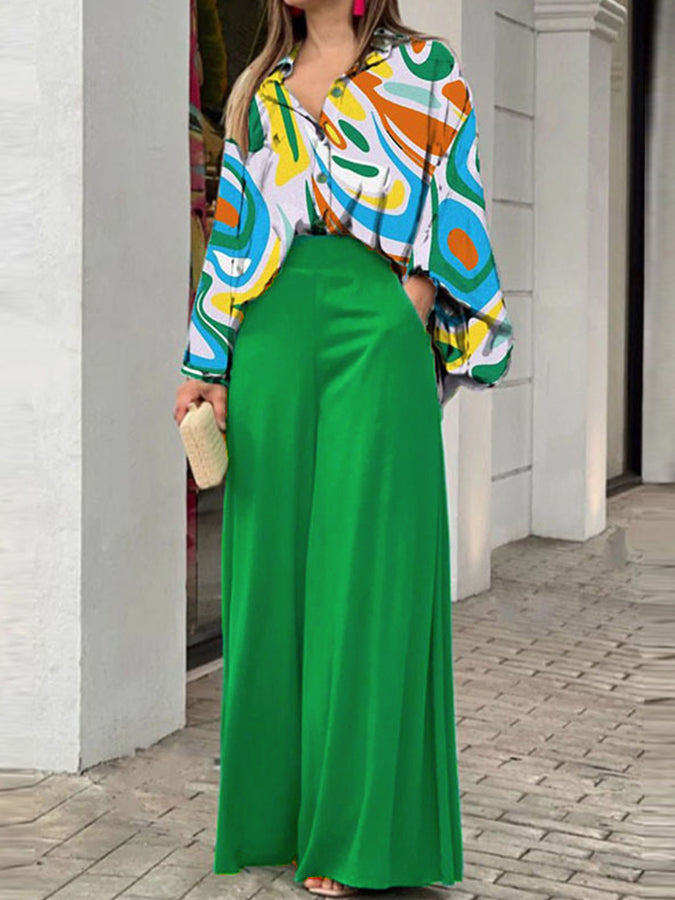 Long Sleeves Printed Shirt and Wide-leg Pants