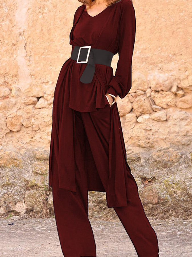 V Neck Top & Cardigan & Pants 3 Pieces Sets With Belt