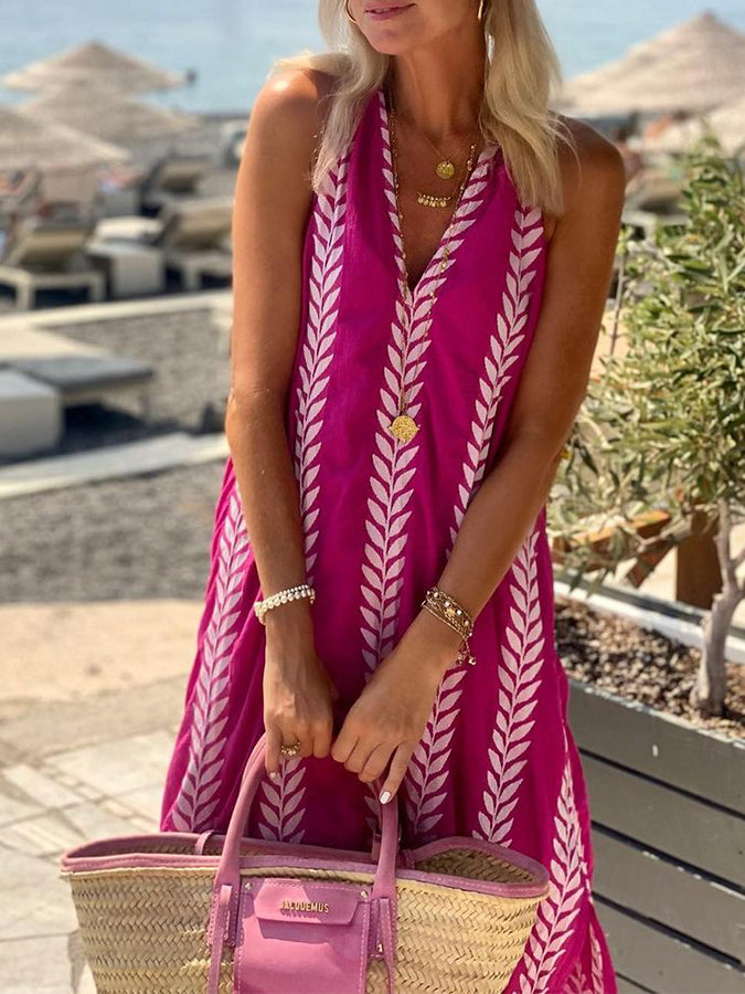 V Neck Sleeveless Printed Maxi Dress