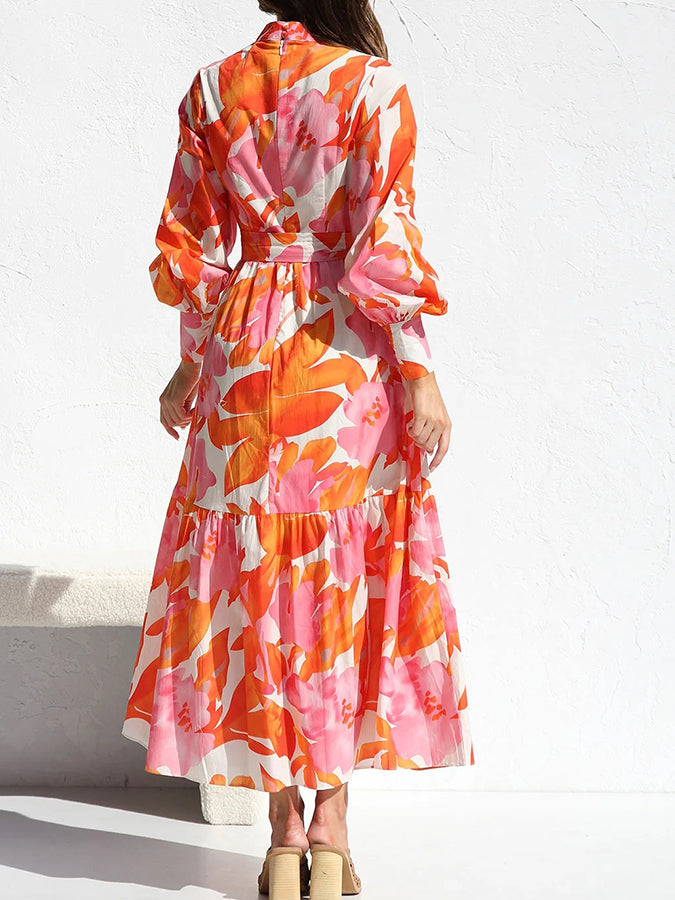 Long Sleeves Printed Lace-up Maxi Dress