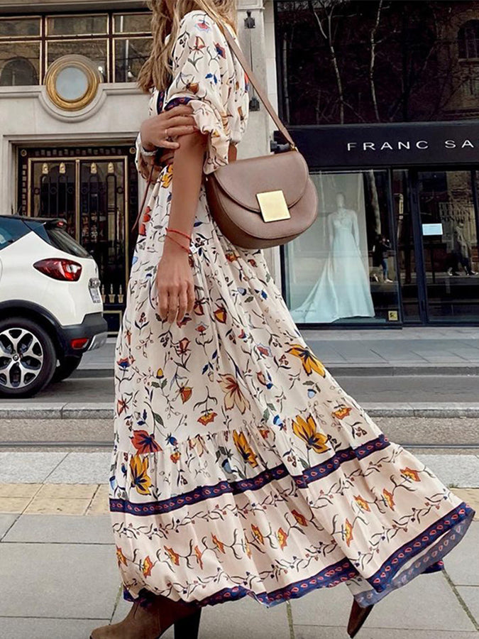 Printed V Neck Maxi Dress Without Belt