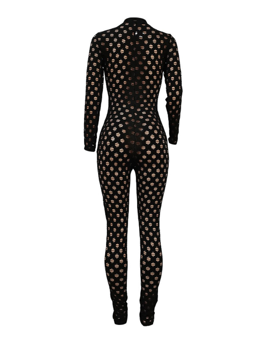 Sxy See Through Zipper Design Pierced Skinny Jumpsuit Bo2135