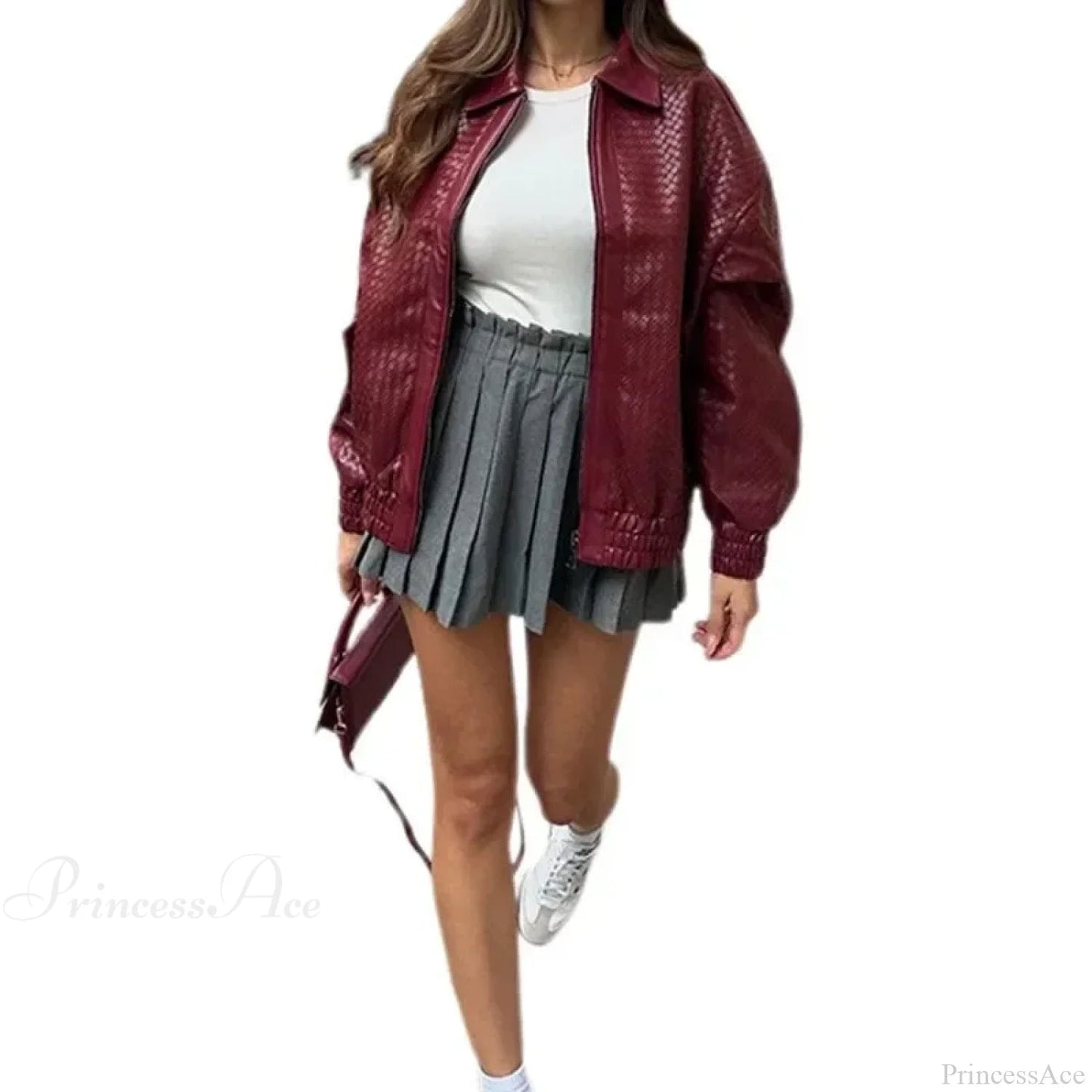 Wine Red Pu Leather Zipper Coat