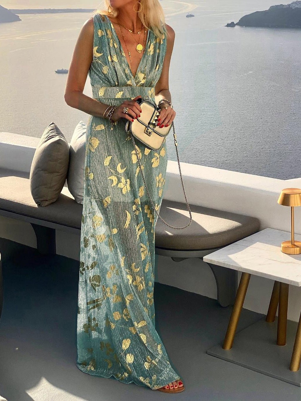 V-neck Print Hot Stamping Maxi Dress